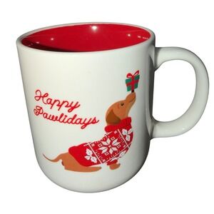 Holiday Style Dachshund Mug‎ 18oz White Red Excellent Happy Pawlidays Dog